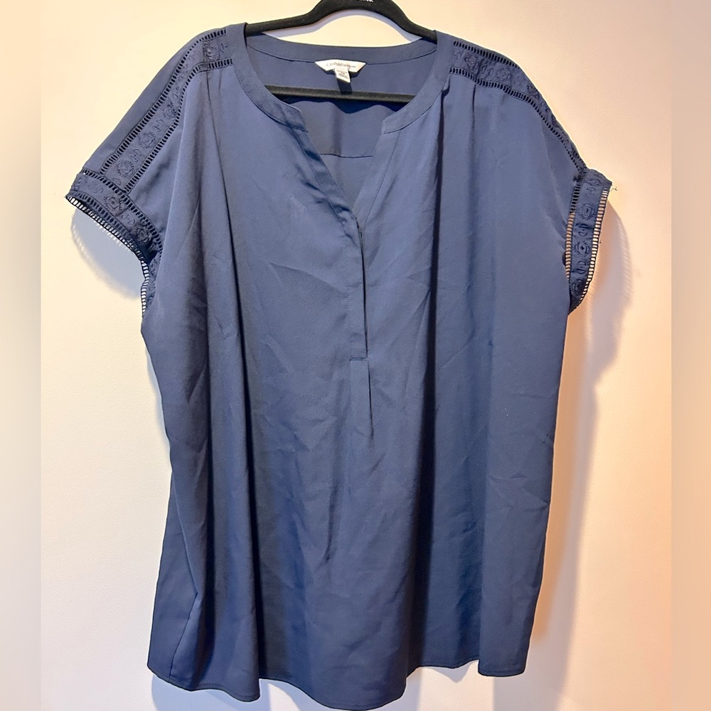 Croft & Barrow‎ Shirt Plus Size 1X Blue V-Neck Blouse Boho Crochet Accent